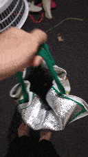 Pixie and the bag being put back on the ground.