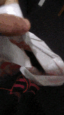 Pixie sliding out of the bag while being held in the air.